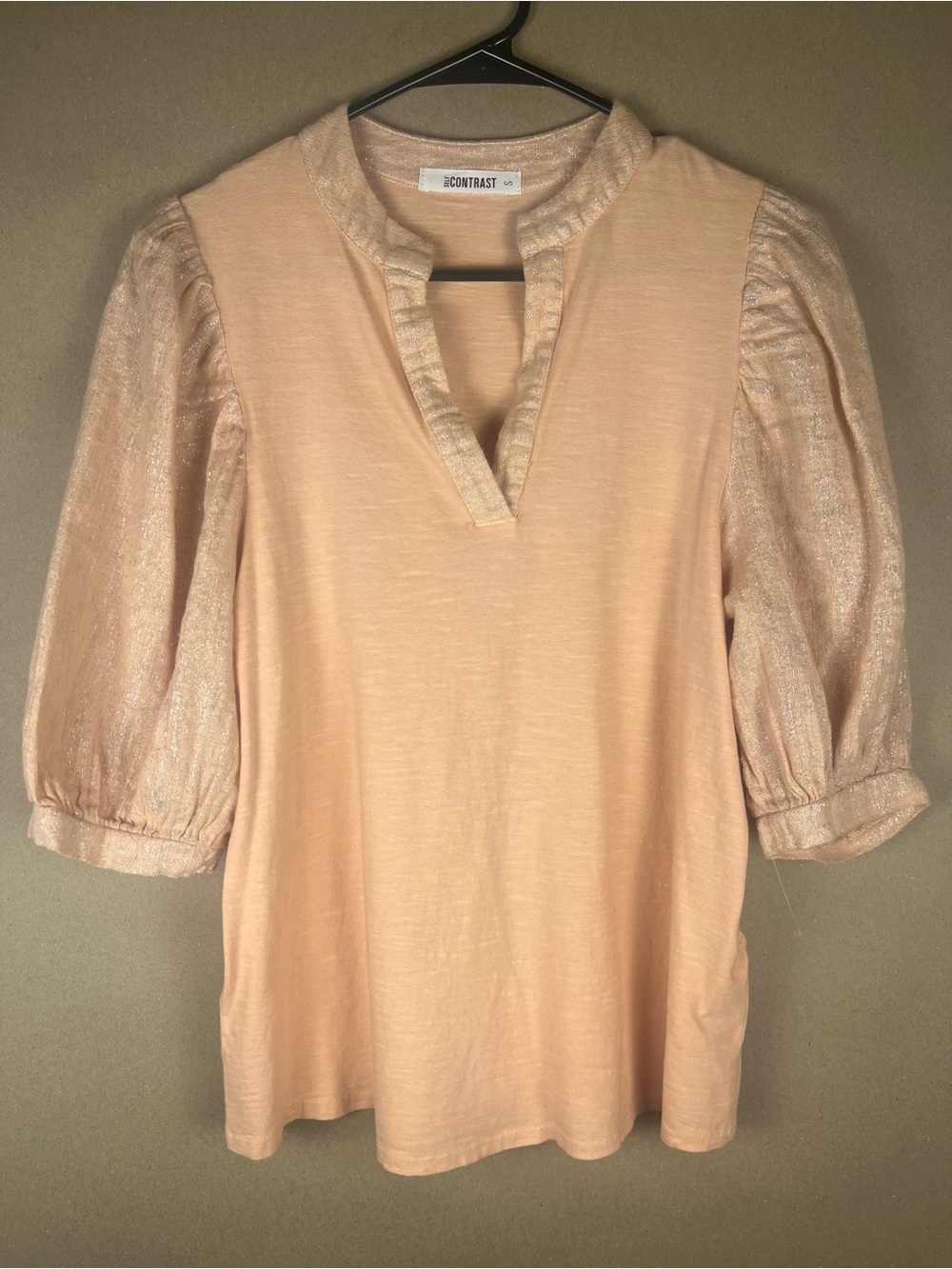 Anthropologie Self Contrast Puff Sle Blouse Blush Rose Gold Metallic Linen S NWT